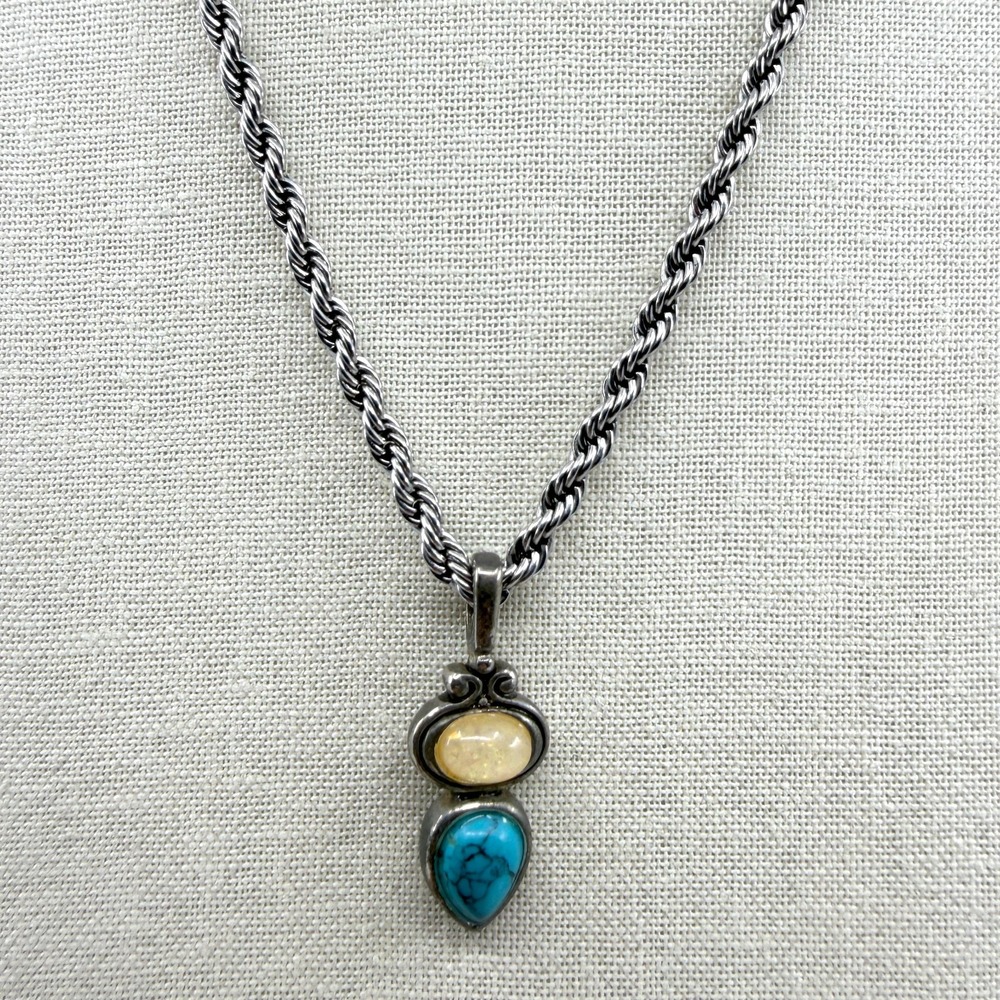 Boho Layering Necklace Silver Tone Rope Chain Opalite & Faux Turquoise Pendant